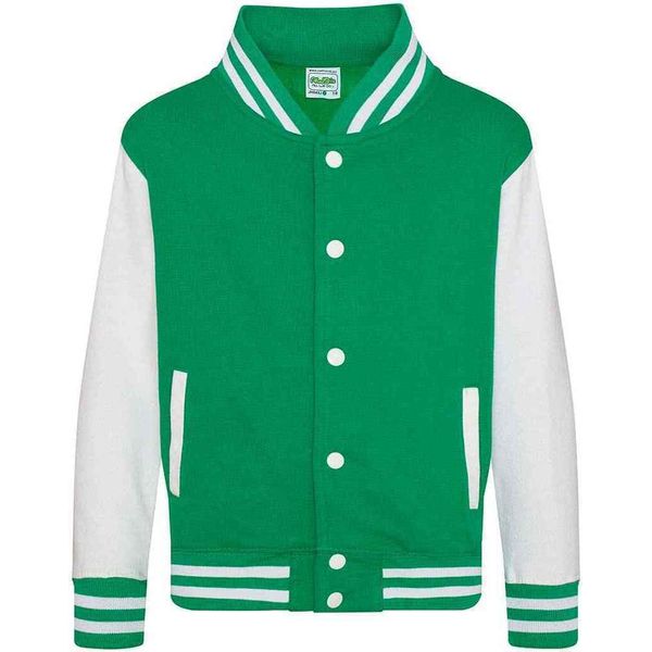 Awdis - Giacca Varsity (Stile College Americano) Per Bambini PC7314 (128) (Verde Irlandese/Bianco)-image