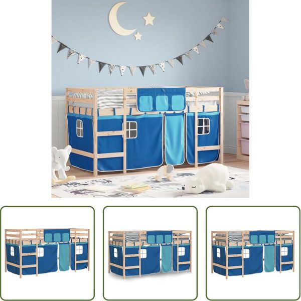 The Living Store Letto A Soppalco Per Bambini Con Tende Blu 80X200 Cm In Legno Di Pino Massiccio-image