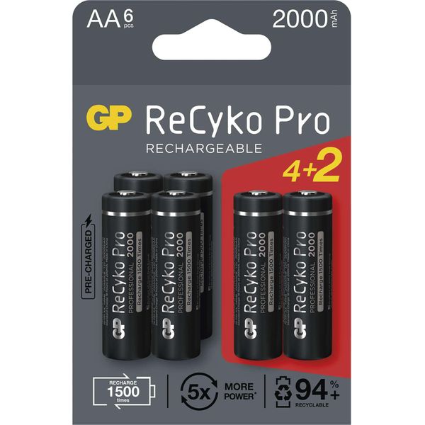 Gp Batterie Ricaricabili Recyko Pro Professional Aa (HR6), 6 Pezzi, B2220V-image