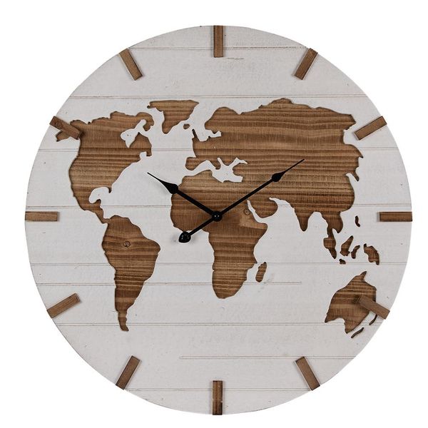 Orologio Da Parete Clayre & Eef Ø 60 Cm Bianco Marrone Mdf Mappa Del Mondo-image