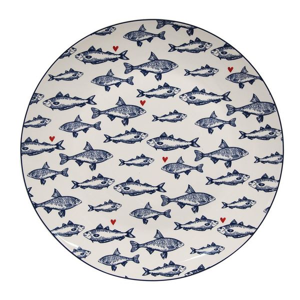 Piatto Da Pranzo Clayre & Eef Ø 26 Cm Pesce In Porcellana Bianca E Blu-image