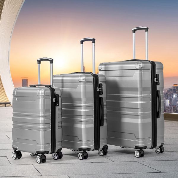 Flieks Set Di 3 Valigie Da Viaggio A Guscio Rigido Con Chiusura Tsa E Ruote Piroettanti M+L+Xl, Set Di Valigie Da Viaggio Con Ruote, Grigio-image