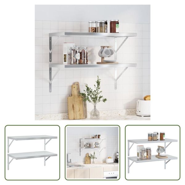 The Living Store Mensole A Muro 2 Pz. 75X40 Cm Acciaio Inox Argento-image