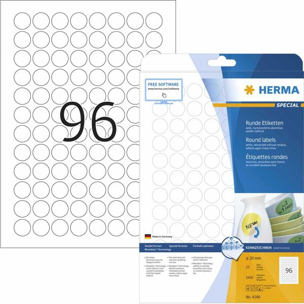 Herma Special - Carta - Opaca - Autoadesiva, Adesivo Rimovibile - Bianco - 20 Mm Rotondo 2400 Etichette (25 Fogli X 96) Etichette-image