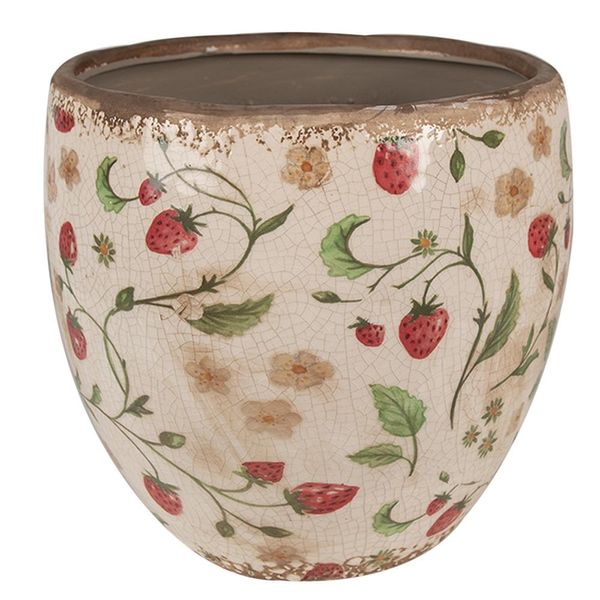 Vaso Da Fiori Clayre & Eef Ø 18X18 Cm Beige Rosso Ceramica Fragole-image