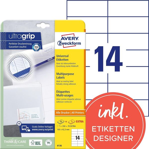 Avery Zweckform 6136 Etichette Universali Avery Zweckform, 105 X 42,3 Mm, Bianco-image