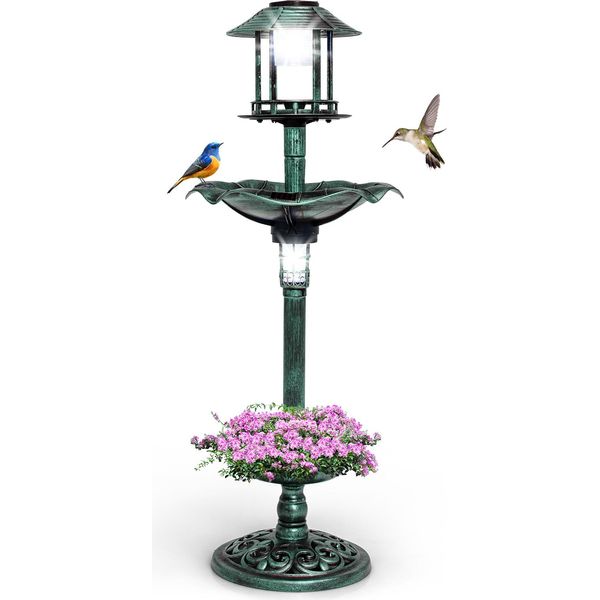 Costway Mangiatoia Per Uccelli Ø43X110Cm Con Luce Solare E Supporto Riempibile, Mangiatoia Per Uccelli, Stazione Di Alimentazione Per Uccelli Retro, Mangiatoia Per Uccelli, Verde-image