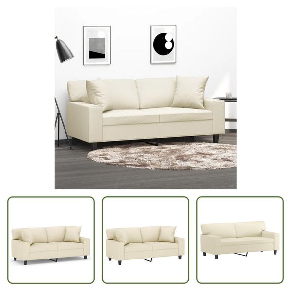 The Living Store Divano A 2 Posti Con Cuscini Decorativi Crema 140 Cm In Ecopelle-image