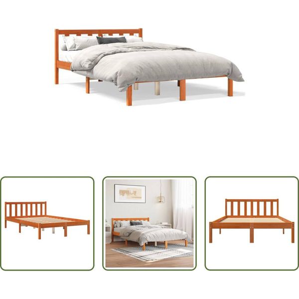 The Living Store Letto In Legno Massiccio Cera Marrone 140X200 Cm Pino-image