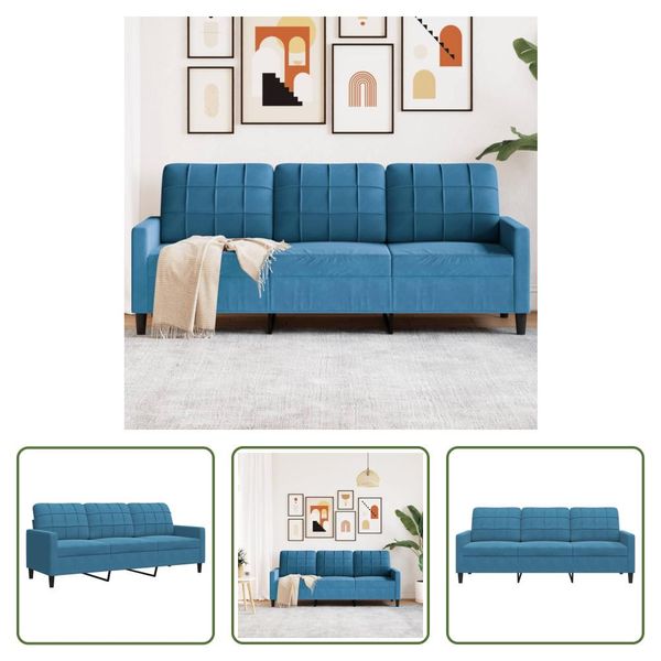 The Living Store Divano A 3 Posti In Velluto Blu 180 Cm-image