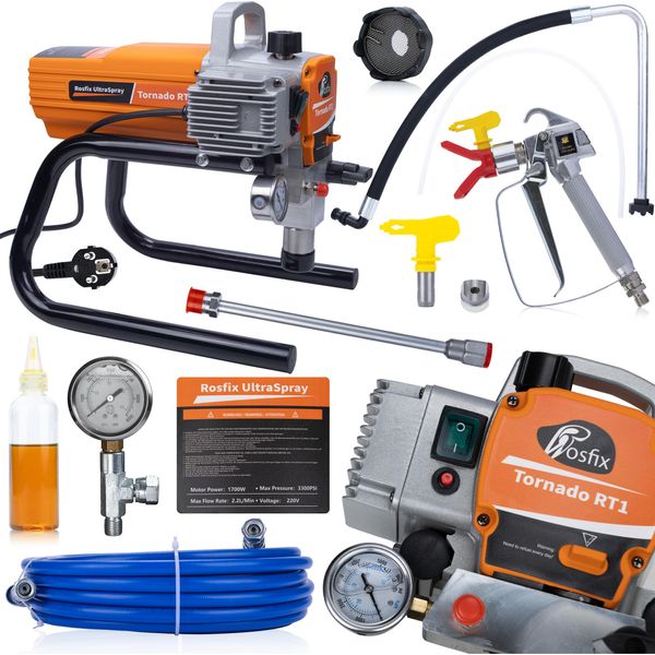Rosfix Tornado RT1 Ultraspray Set – Spruzzatore Di Vernice Airless 1700W 22Mpa 2,2L/Min | Verniciatura Professionale, Tubo Da 8M, Pistola, Ugello 517-image