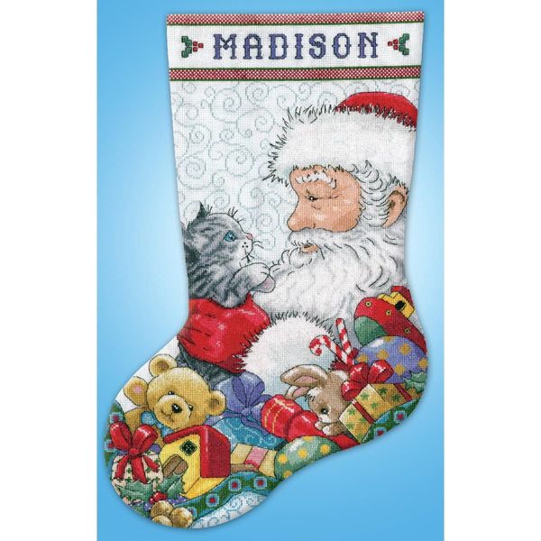 Kit Per Ricamo A Punto Croce Design Works "Calza Di Natale Babbo Natale Con Gattino"", Schema Contato, 43X30Cm"-image