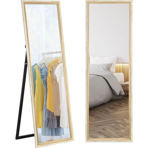 Homcom Specchio A Figura Intera, 162,6 X 53,5 Cm Specchio Da Terra Con Supporto, Specchio Da Parete Per Soggiorno, Camera Da Letto, Camerino Bianco+Legno Naturale-image