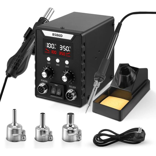 Stazione Di Saldatura Ad Aria Calda / Stazione Di Rilavorazione - Saldatura/Dissaldatura Smd - 700 W - Temperatura Regolabile - Avvio/Arresto Automatico - 3 Ugelli - Nero-image