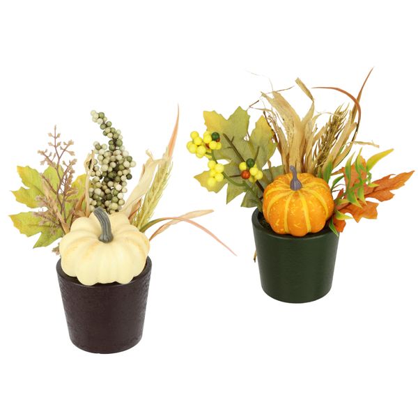 Kunstblume I.Ge.A. "Gesteck KüRbis/Beeren", Beige (Creme, Orange), B:12Cm H:18Cm L:12Cm, Polyester, Kunstpflanzen, 2Er Set Im Topf Herbstlaub Dekoblume Herbst-Deko Herbstblume Gesteck-image