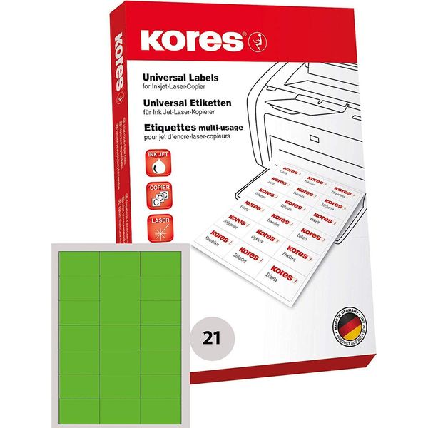 Etichette Universali Kores 70 X 42,3 Mm Senza Bordo Verde 2.100 Etichette Su 100 Fogli-image