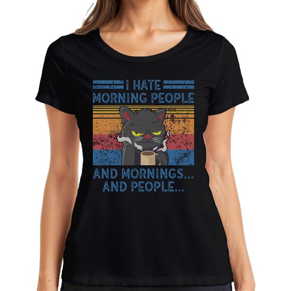 I Hate Mornings And People Morning Grouch Coffee Cat Vintage Ladies T-Shirt, Nero, L-image