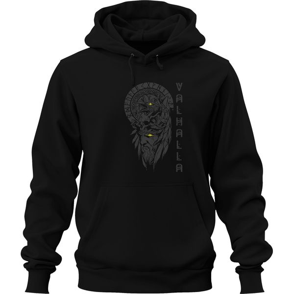 Vichingo Odino Occhio Giallo Valhalla Corvo Rune Norrene Mitologia Felpa Con Cappuccio Unisex, Nero, 3XL-image