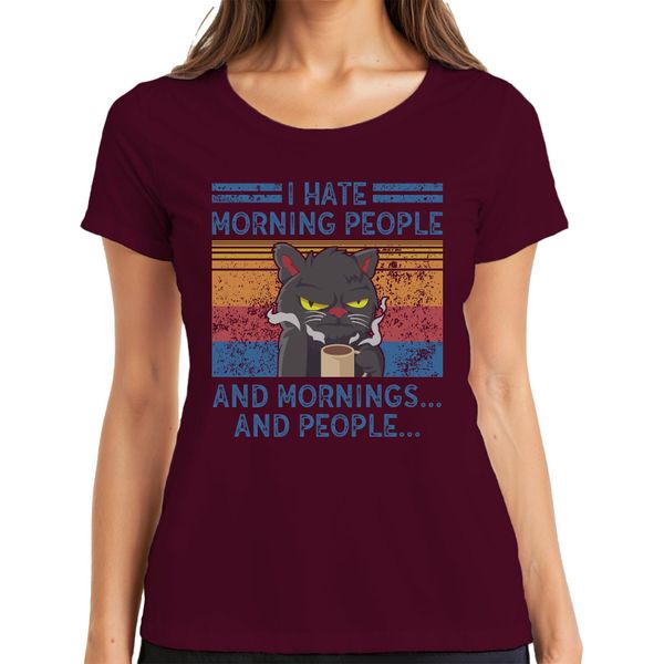 I Hate Mornings And People Morning Grouch Coffee Cat Maglietta Vintage Da Donna, Borgogna, 3XL-image