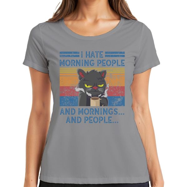 I Hate Mornings And People Morning Grouch Coffee Cat Vintage Ladies T-Shirt, Grigio, M-image