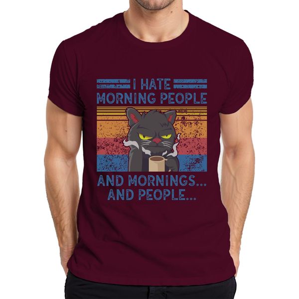 I Hate Mornings And People Morning Grouch Coffee Cat Vintage Maglietta Da Uomo, Borgogna, S-image