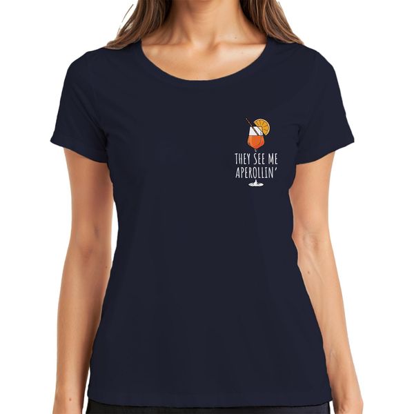 Mi Vedono Aperollin' Aperol Spritz Party Sommer Cocktail Lustig Damen T-Shirt, Navy, M-image