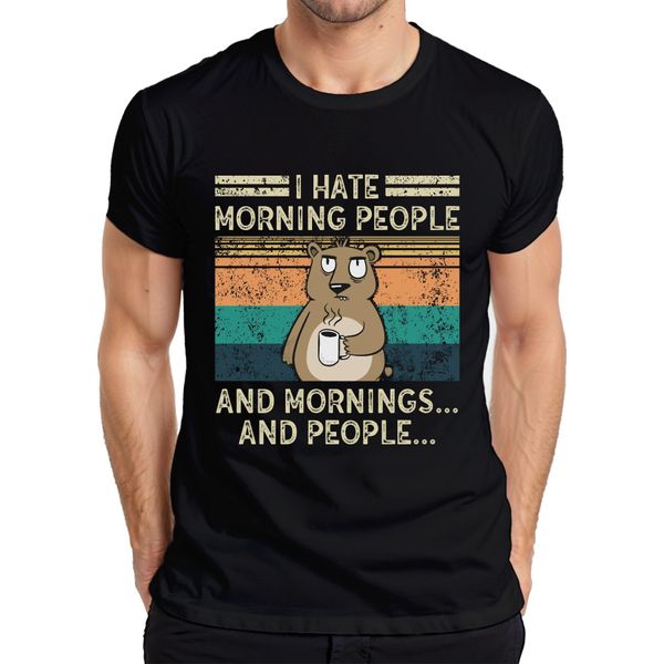 Maglietta Hate Morning People Mornings And People Coffee Bear Vintage Grunge Uomo, Nero, 3XL-image
