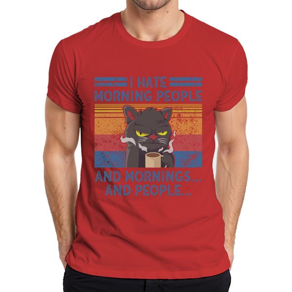 I Hate Mornings And People Morning Grouch Coffee Cat Vintage Maglietta Da Uomo, Rosso, S-image