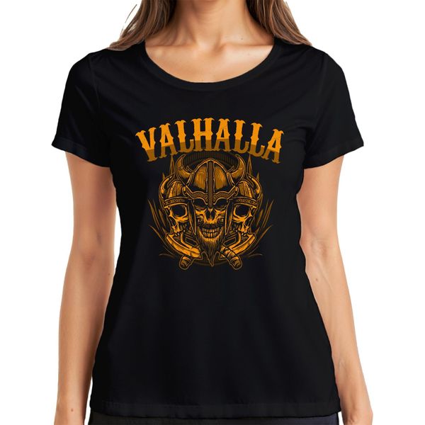 Valhalla Viking Skull Helmet Axes Nordic Mythology Runes Ladies T-Shirt, Nero, S-image