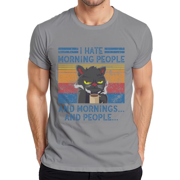 I Hate Mornings And People Morning Grouch Coffee Cat Vintage Maglietta Da Uomo, Grigio, S-image