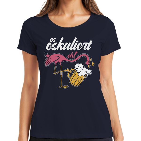è In Aumento Comunque Flamingo Beer Enjoyment Beach Party Boozing Mallorca Ladies T-Shirt, Navy, L-image