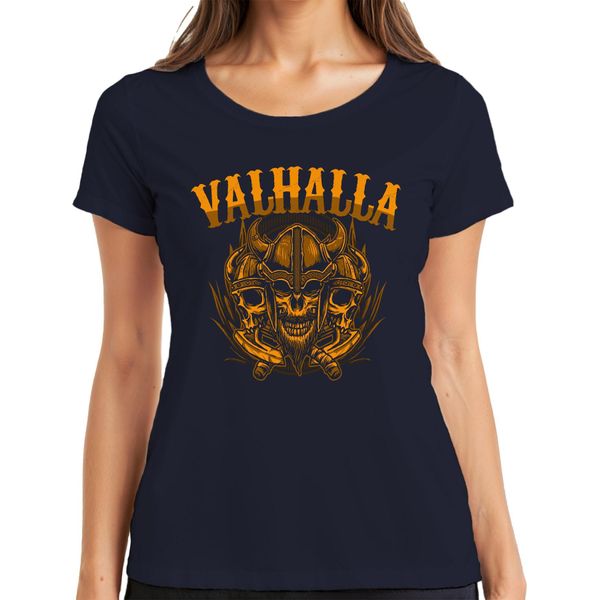 Valhalla Viking Skull Helmet Axes Norse Mythology Runes Ladies T-Shirt, Navy, M-image
