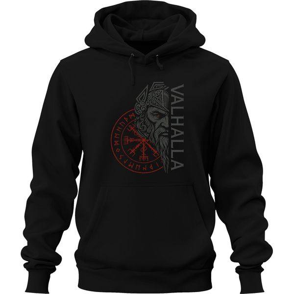 Valhalla Viking Norse Mythology Vegvisir Runes Odin Gift Unisex Hoodie Felpa Con Cappuccio, Nero, 3XL-image