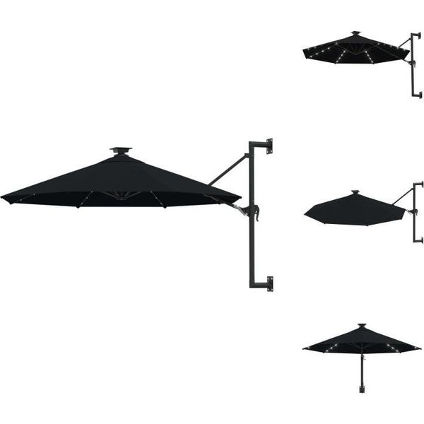 Vidaxl Ombrellone A Parete Con Led E Asta In Metallo 300 Cm Nero - Ombrelloni E Tende Da Sole-image