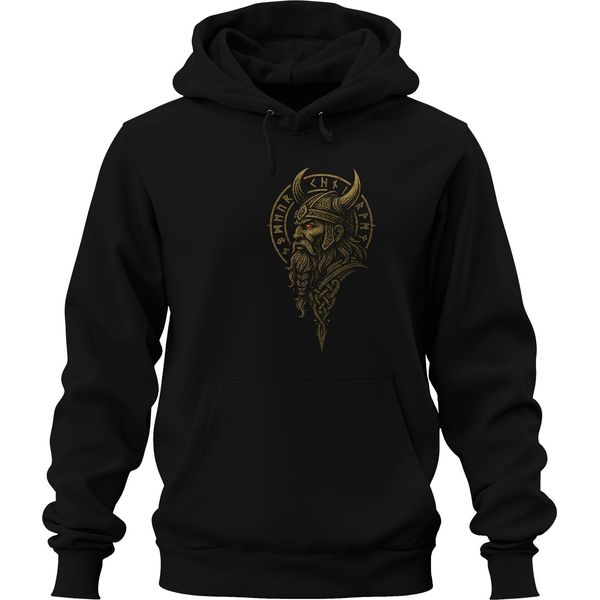 Guerriero Vichingo Ritratto Rune Elmo Odino Mitologia Norrena Felpa Con Cappuccio Unisex, Nero, M-image