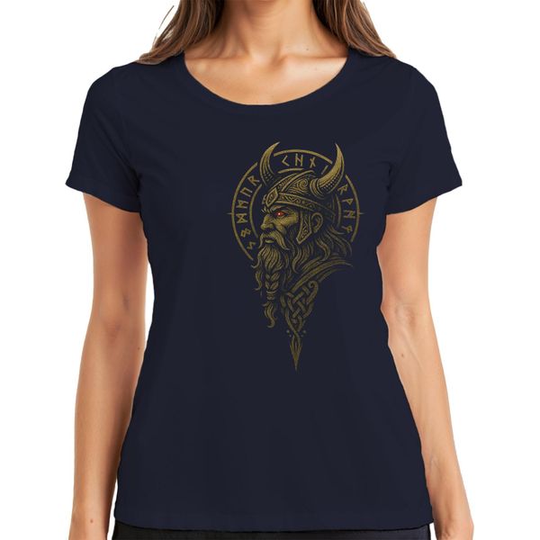 Maglietta Da Donna Con Ritratto Del Guerriero Vichingo, Rune, Elmo Di Odino, Mitologia Norrena, Navy, Xl-image