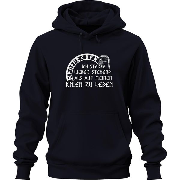 In Piedi Per Morire Piuttosto Che In Ginocchio Per Vivere Ragnar, Felpa Con Cappuccio Unisex Con Teschio Vichingo, Navy, L-image