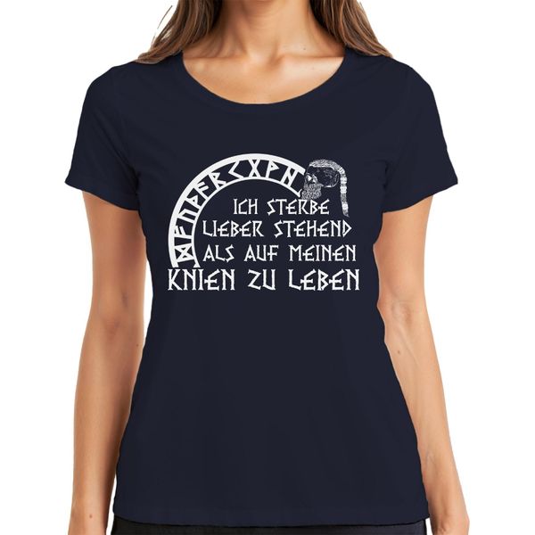 In Piedi Per Morire Che In Ginocchio Per Vivere Maglietta Da Donna Ragnar Con Teschio Vichingo, Navy, 3XL-image