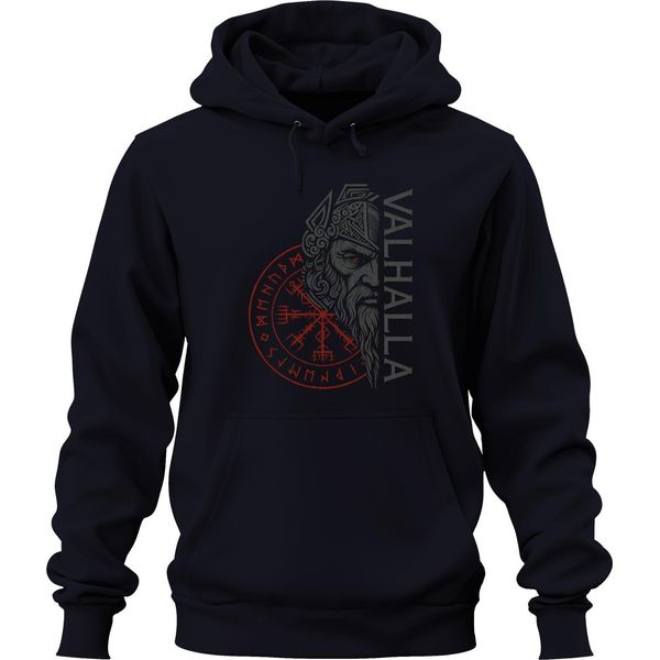 Valhalla Viking Norse Mythology Vegvisir Runes Odin Gift Unisex Hoodie Hoodie, Navy, 3XL-image