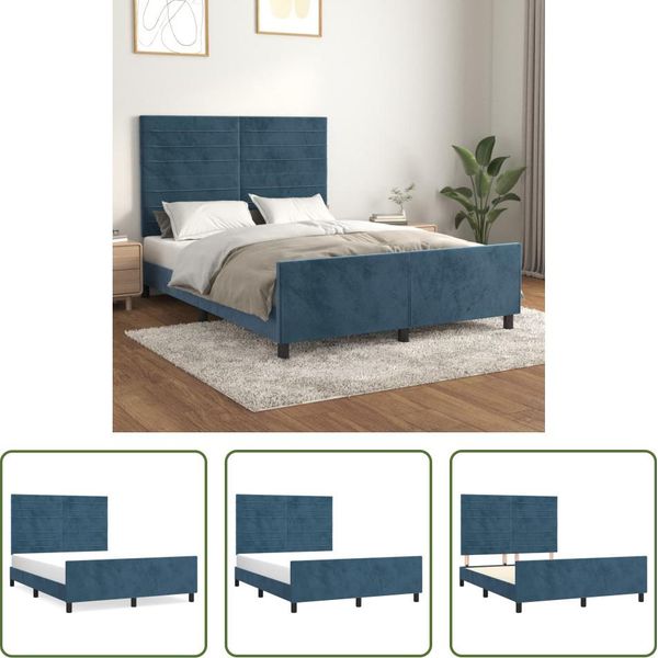 The Living Store Struttura Letto Con Testiera In Velluto Blu Scuro 140X200 Cm-image