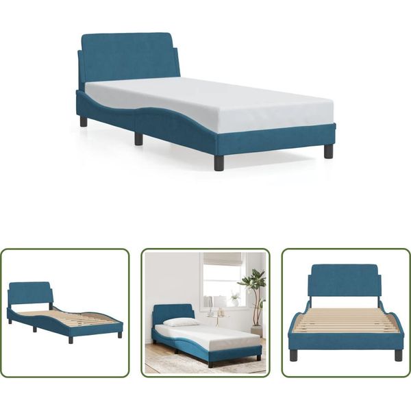 The Living Store Struttura Letto Con Testiera Blu 90X200 Cm In Velluto-image