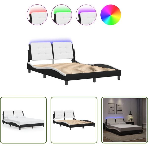 The Living Store Struttura Letto Con Led Bianco E Nero 140X200 Cm In Ecopelle-image