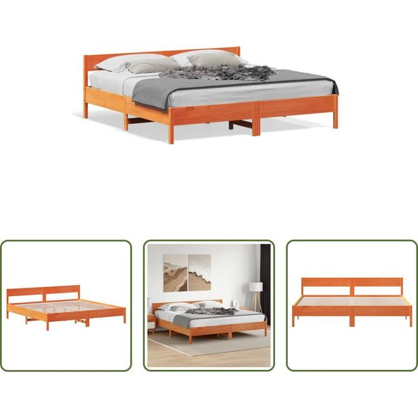 The Living Store Letto In Legno Massiccio Con Testiera Marrone Cera 180X200 Cm Pino-image