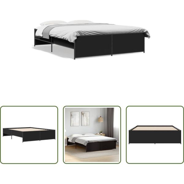 The Living Store Struttura Letto Nera 160X200 Cm In Legno E Metallo-image