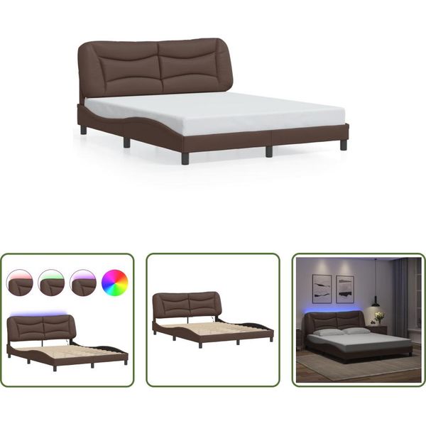 The Living Store Struttura Letto Con Led Marrone 160X200 Cm In Ecopelle-image