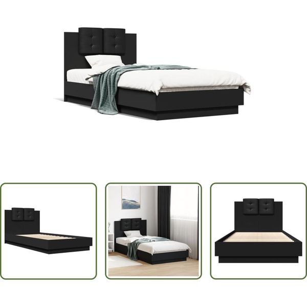 The Living Store Struttura Letto Con Testiera Nera 90X190 Cm In Materiale Ligneo-image