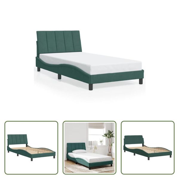 The Living Store Struttura Letto Con Testiera In Velluto Verde Scuro 100X200 Cm-image