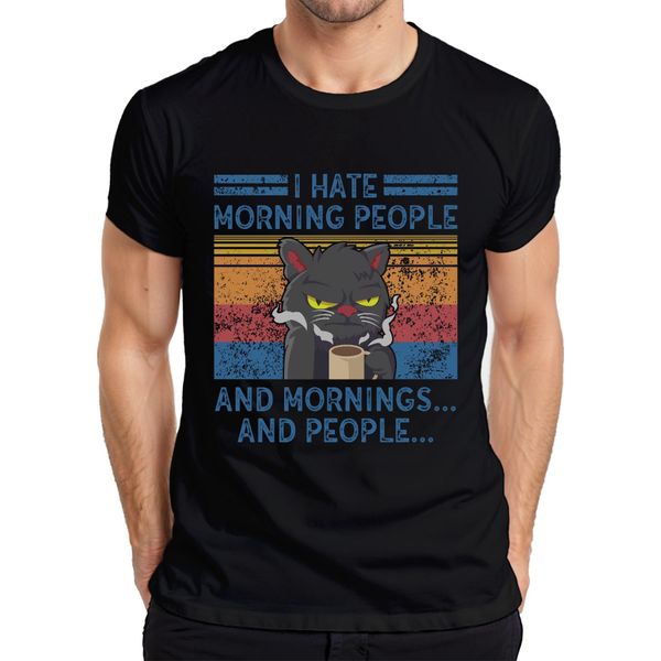 I Hate Mornings And People Morning Grouch Coffee Cat Vintage Maglietta Da Uomo, Nero, S-image