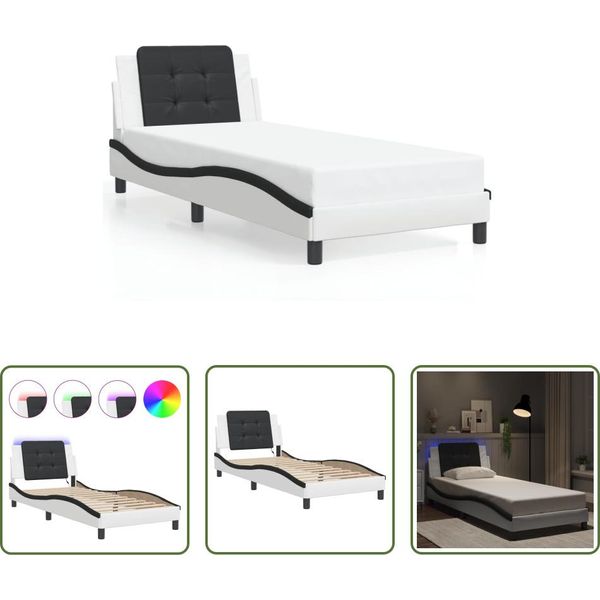 The Living Store Struttura Letto Con Led Bianco E Nero 90X190 Cm In Ecopelle-image