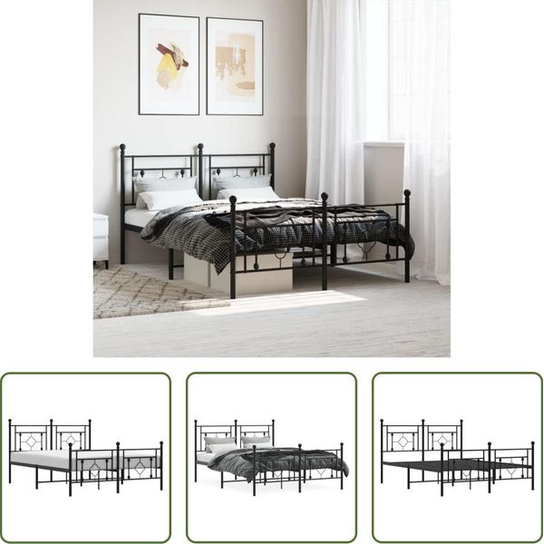 The Living Store Struttura Letto Con Testiera E Pediera In Metallo Nero 135X190 Cm-image